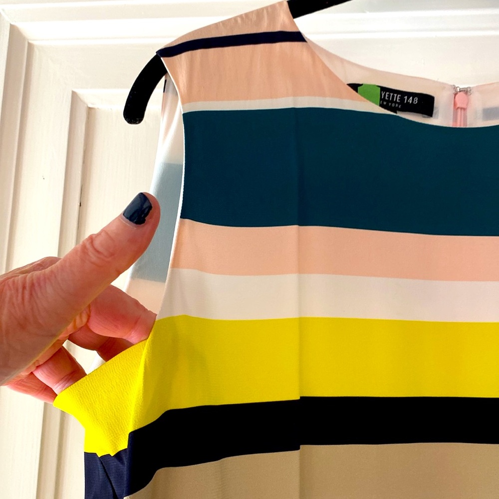LAST CALL. Lafayette 148 Romona sleeveless meringue-striped long tech dress